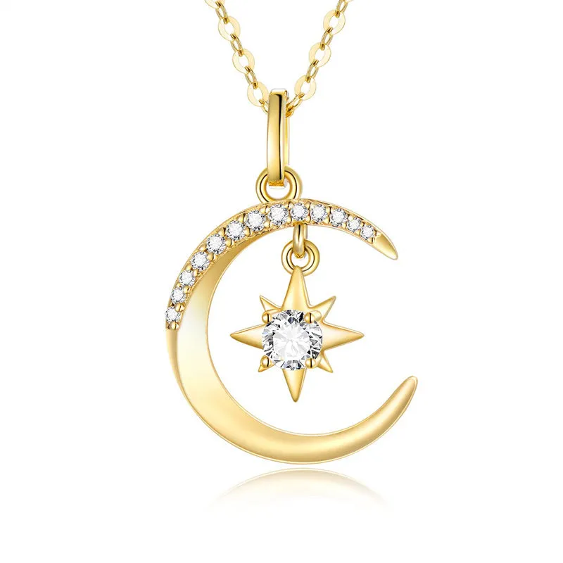 14k Gold Moon Necklace for Women, Real Gold Moon and North Star Pendant with Chain, Jewelry Gifts for Her, 16 1 1 Inch