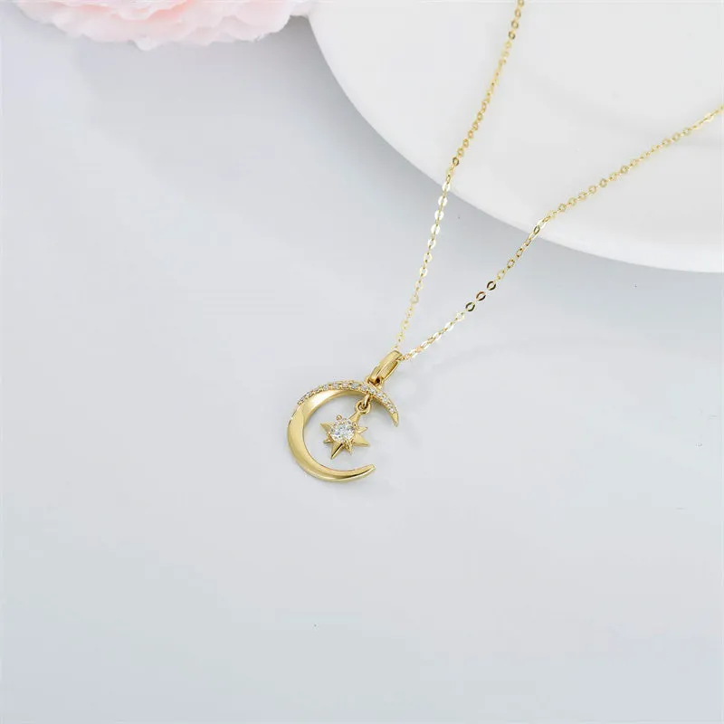 14k Gold Moon Necklace for Women, Real Gold Moon and North Star Pendant with Chain, Jewelry Gifts for Her, 16 1 1 Inch