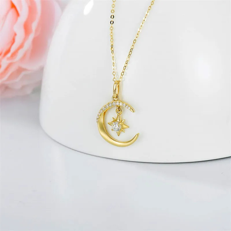 14k Gold Moon Necklace for Women, Real Gold Moon and North Star Pendant with Chain, Jewelry Gifts for Her, 16 1 1 Inch