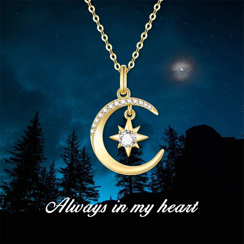 14k Gold Moon Necklace for Women, Real Gold Moon and North Star Pendant with Chain, Jewelry Gifts for Her, 16 1 1 Inch