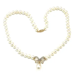 14k Gold Pearl with Diamond Ribbon Necklace