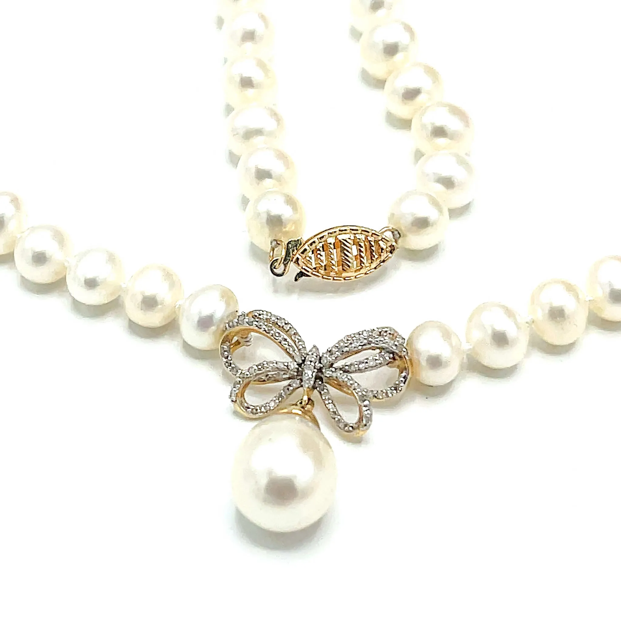 14k Gold Pearl with Diamond Ribbon Necklace