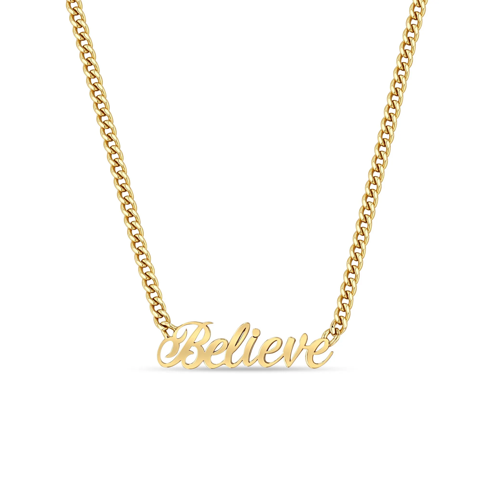 14k Gold Script Letter Believe Small Curb Chain Necklace