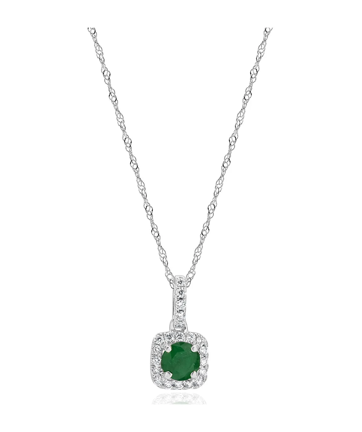 14K White Gold Emerald and Diamond Square Halo Pendant