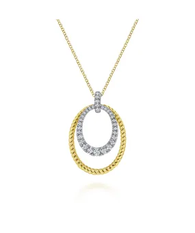 14K White-Yellow Gold Oval Twisted Rope and Pave Diamond Pendant Necklace