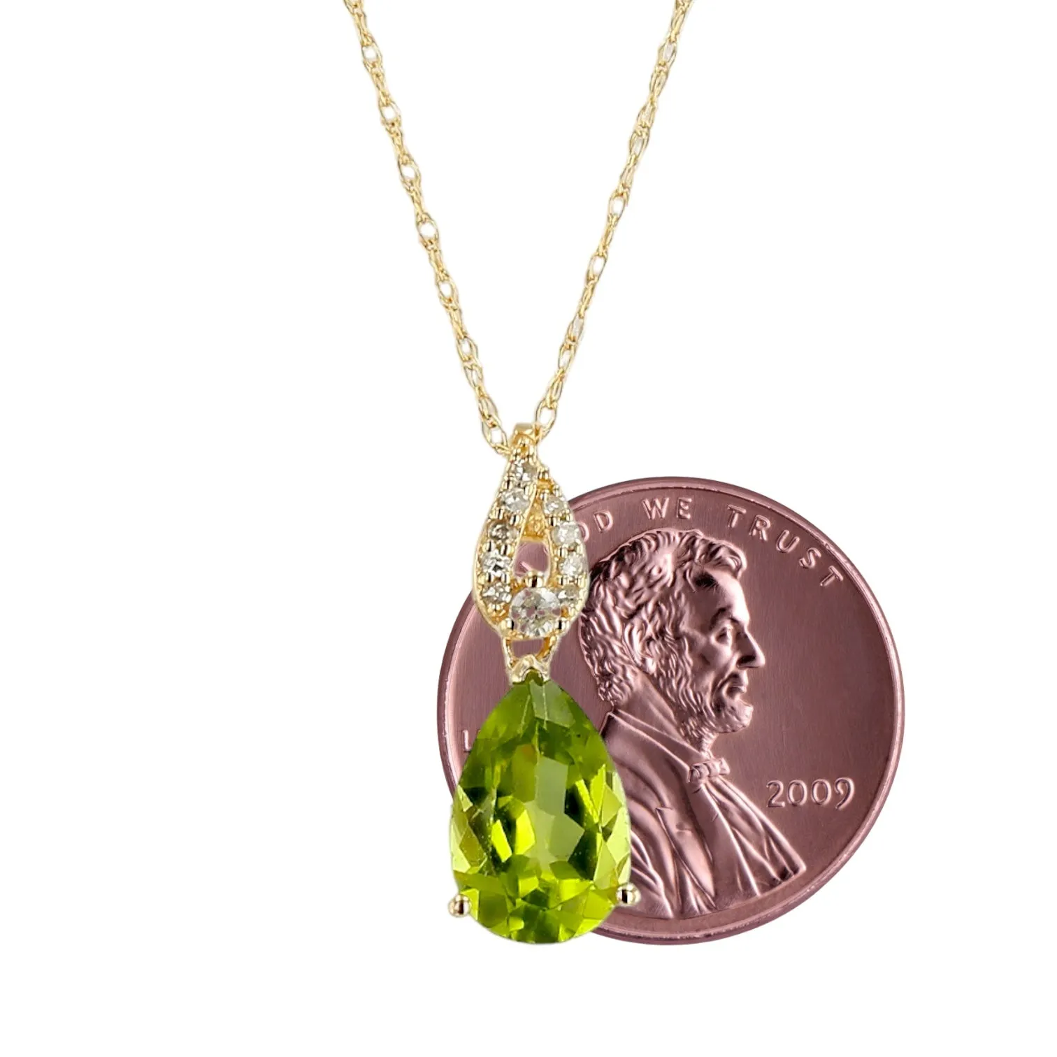 14K Yellow gold drop tear peridot diamonds necklace-17731