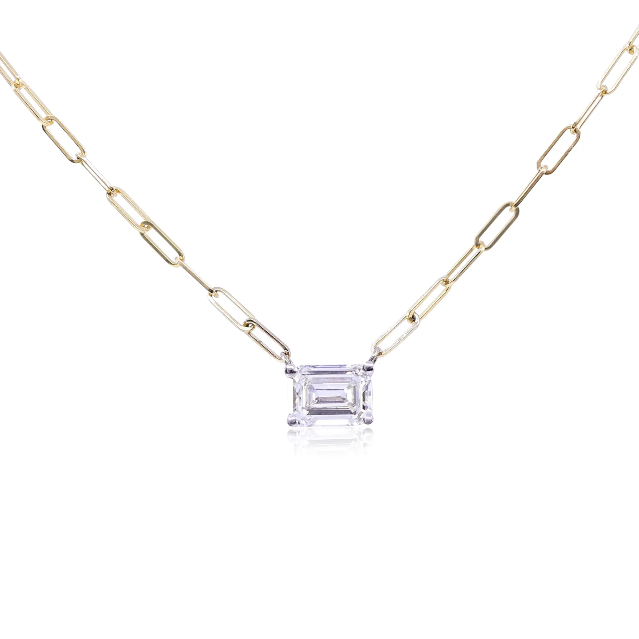 14K Yellow Gold Emerald-Cut Diamond Paperclip Chain Necklace - East-West Design