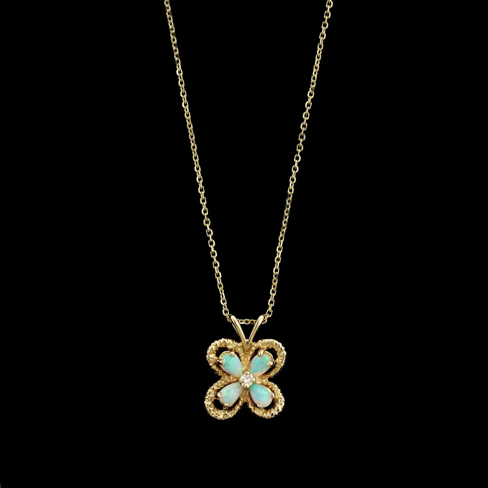 14K Yellow Gold Estate Opal and Diamond Butterfly Necklace