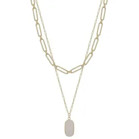 2 Layered Metal Chain Stone Pendant Necklace