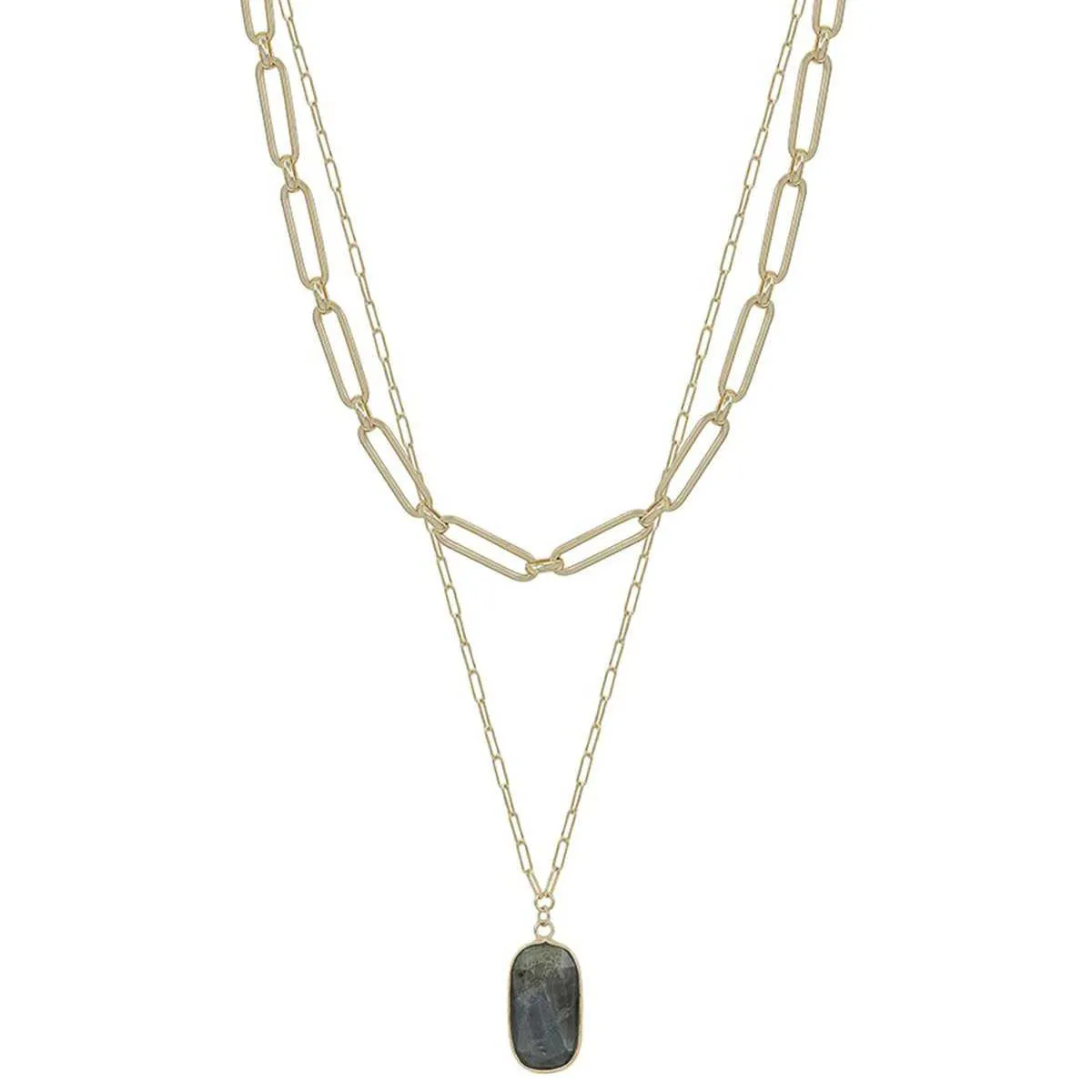 2 Layered Metal Chain Stone Pendant Necklace