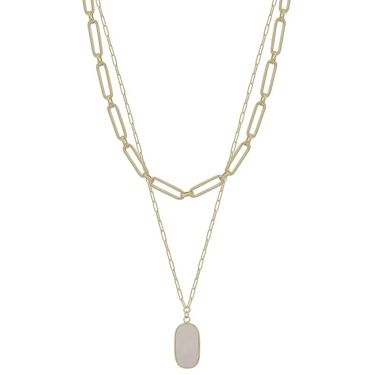 2 Layered Metal Chain Stone Pendant Necklace