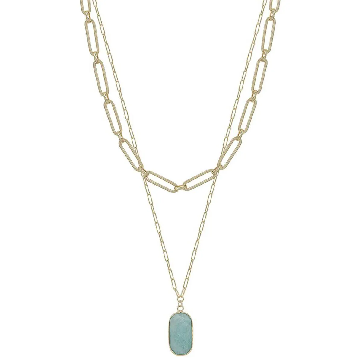 2 Layered Metal Chain Stone Pendant Necklace