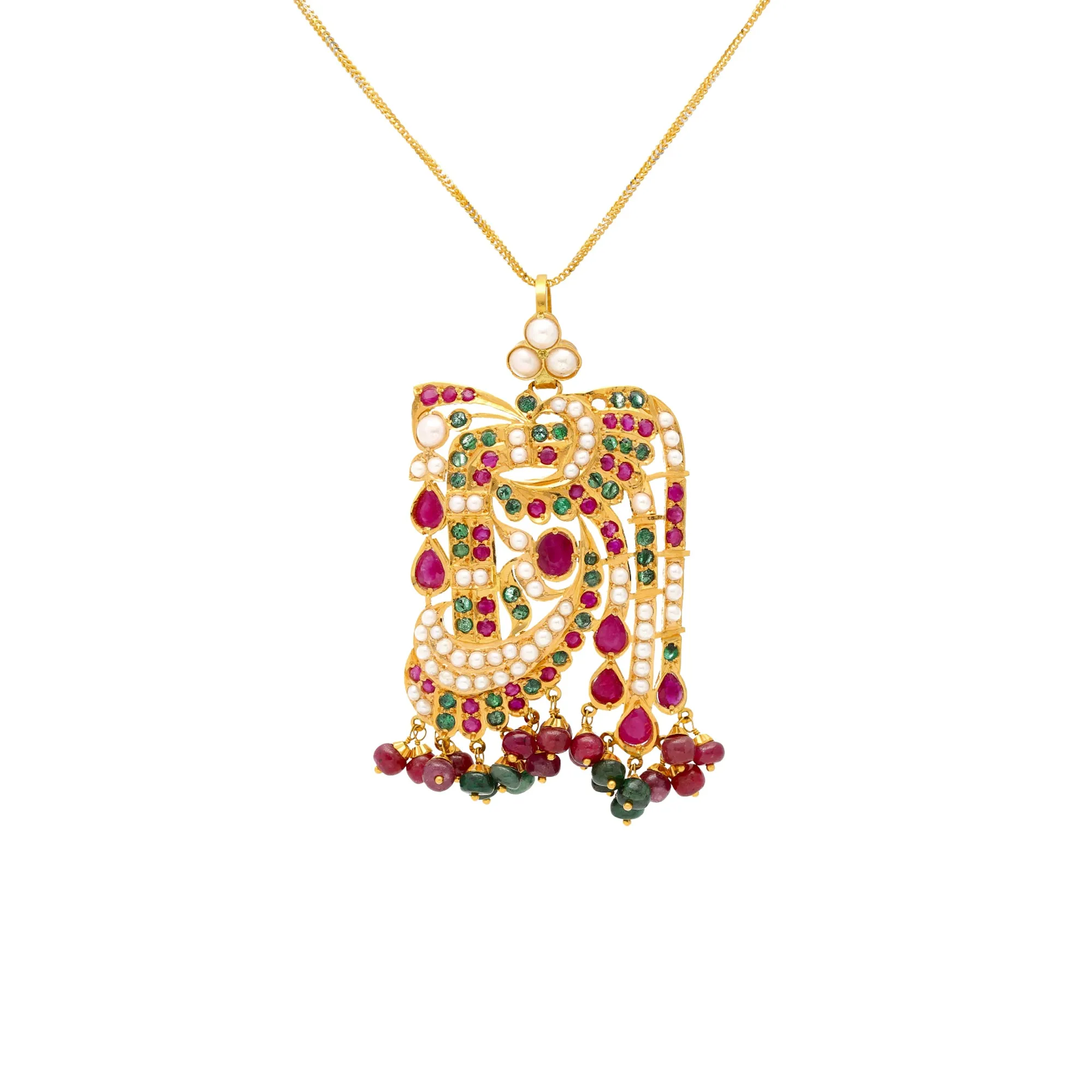 22K Yellow Gold, Ruby, & Pearl Abstract Pendant Set (37.6gm)