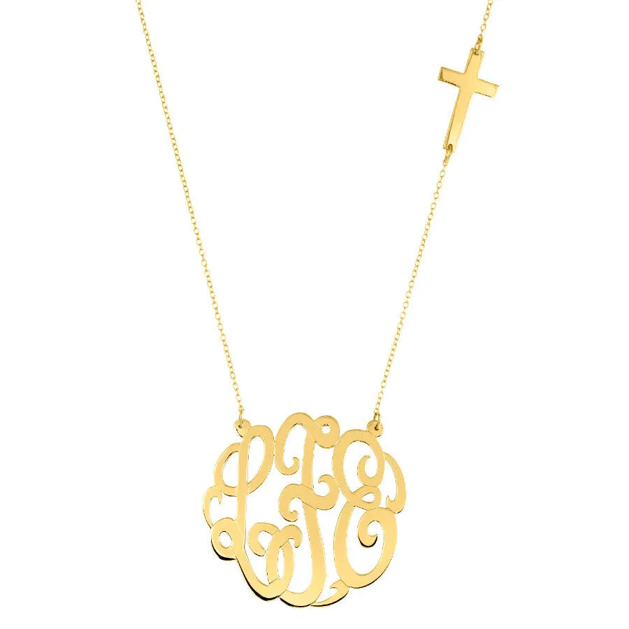 24K Gold Plated Monogram and Sideways Cross Necklace