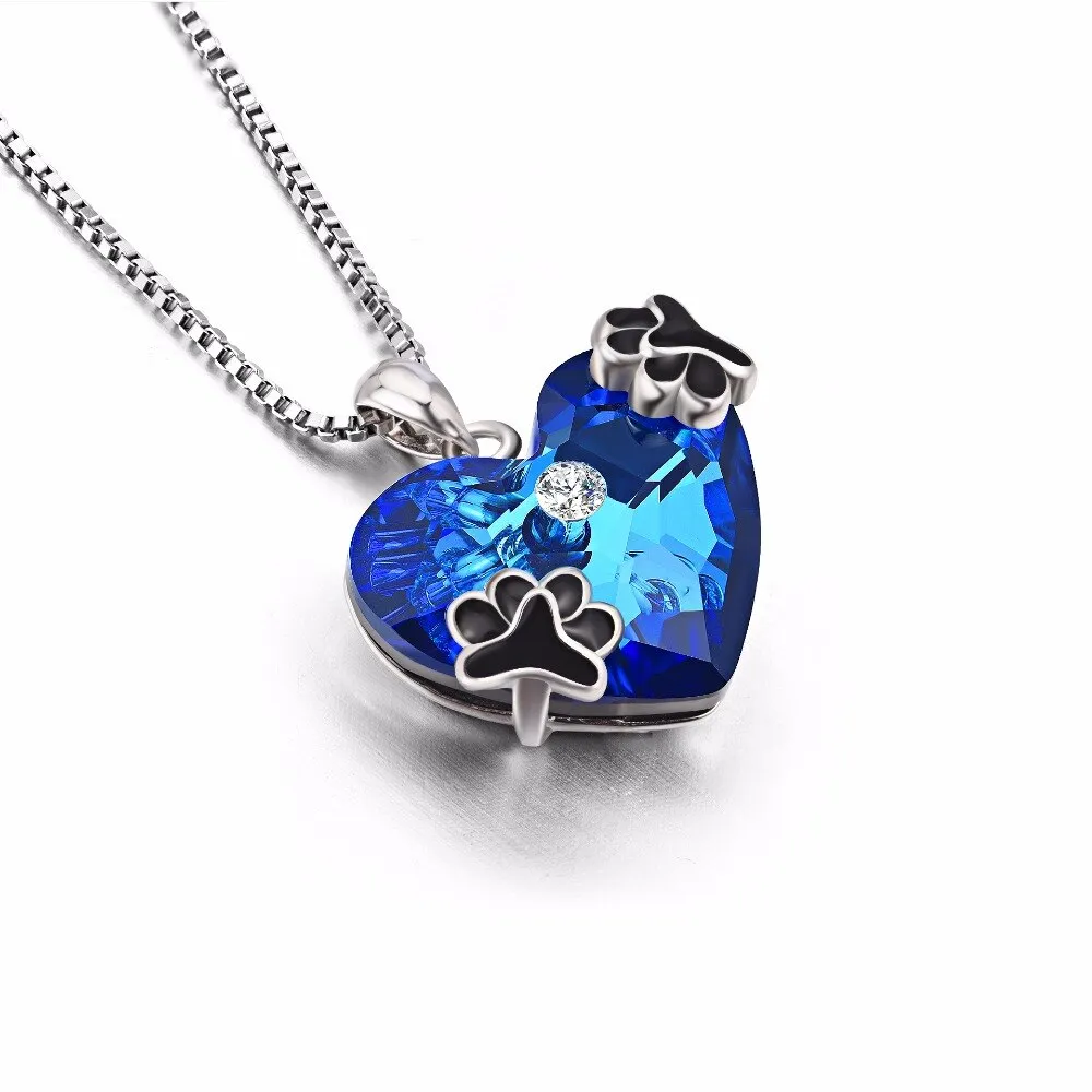 925 Sterling Silver Blue Heart of Ocean Crystal Pendant with Paw Prints