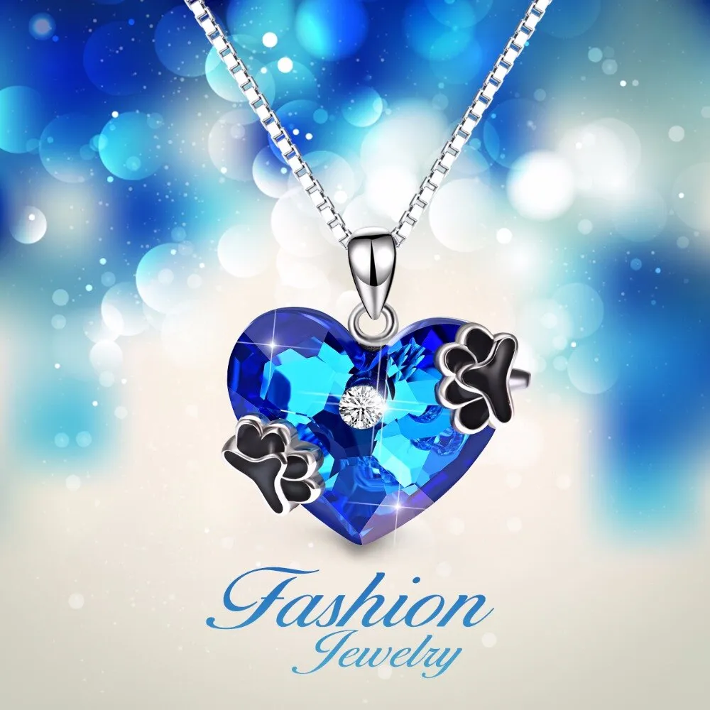 925 Sterling Silver Blue Heart of Ocean Crystal Pendant with Paw Prints