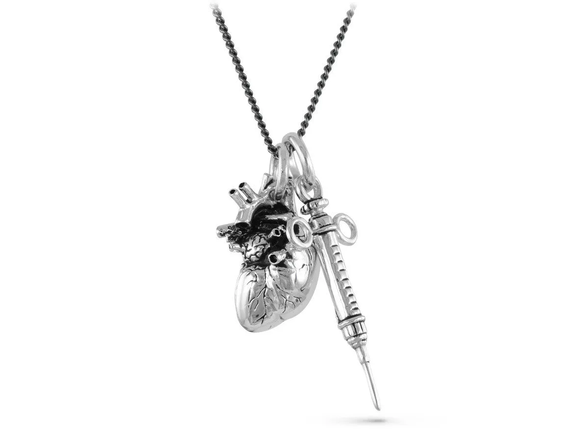 Anatomical Heart & Syringe Necklace - Silver