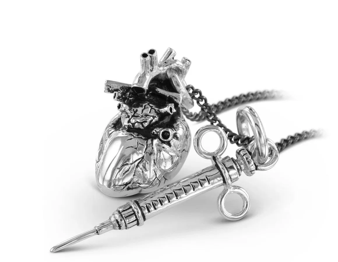 Anatomical Heart & Syringe Necklace - Silver