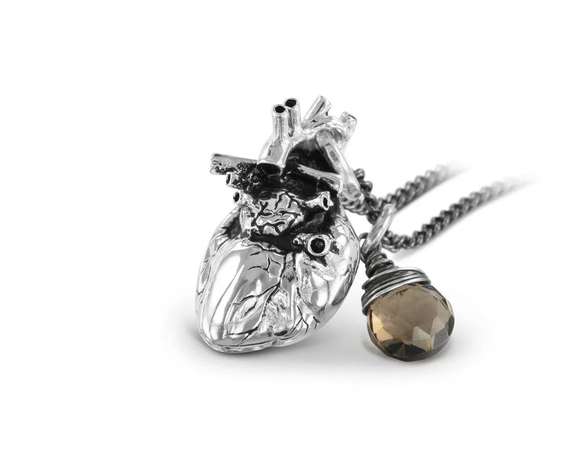 Anatomical Heart Necklace with Smokey Quartz - Silver