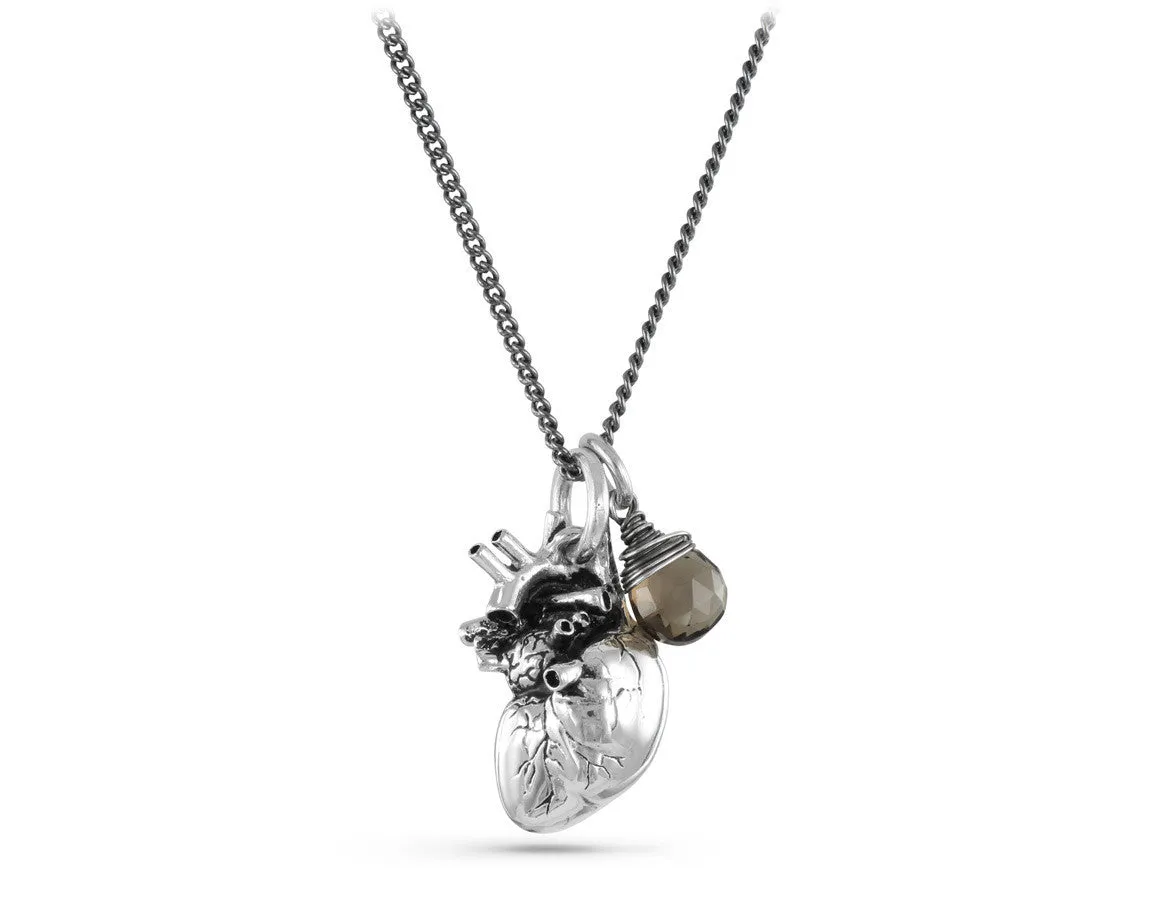 Anatomical Heart Necklace with Smokey Quartz - Silver