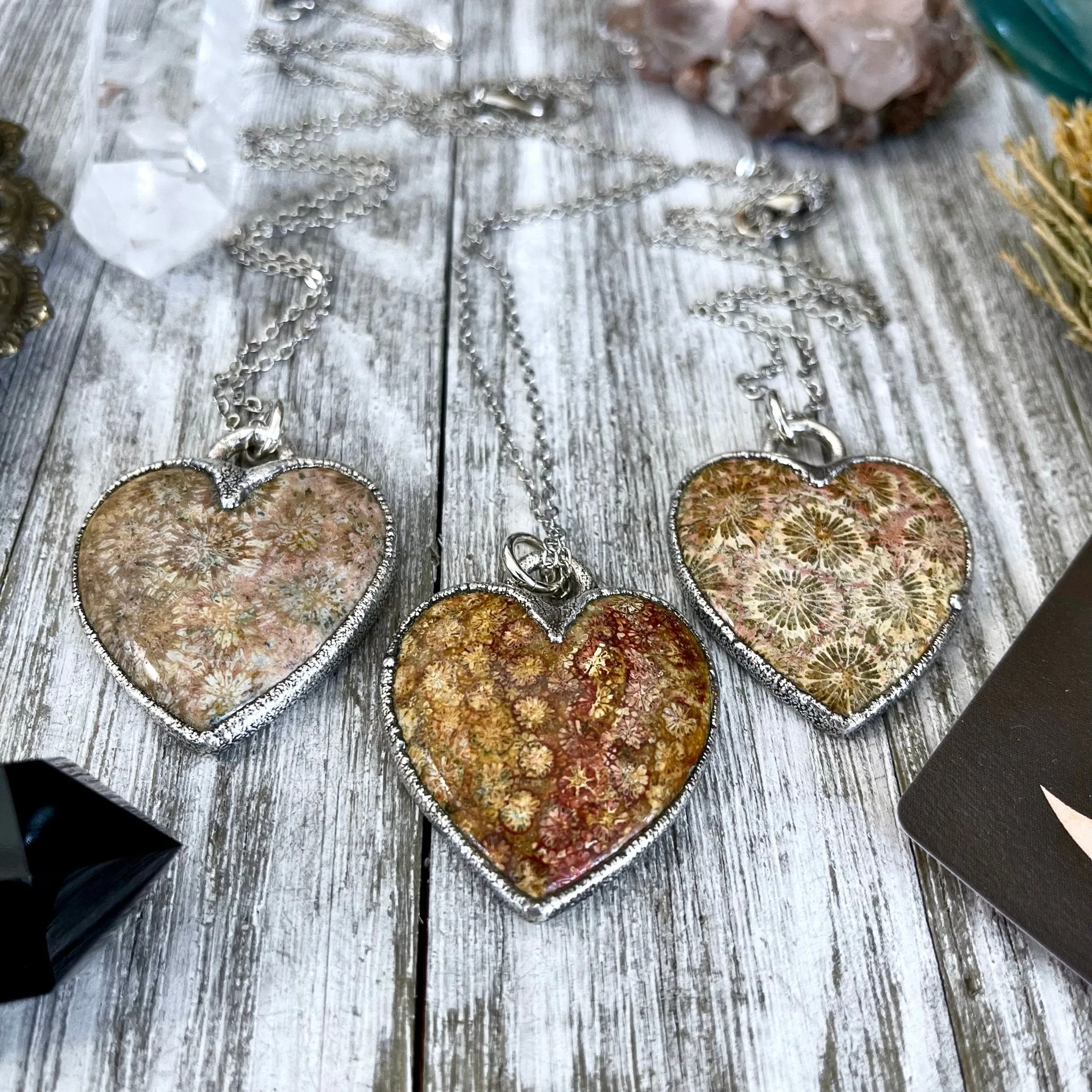 Big Fossilized Coral Heart Necklace in Fine Silver  / Foxlark Collection - One of a Kind