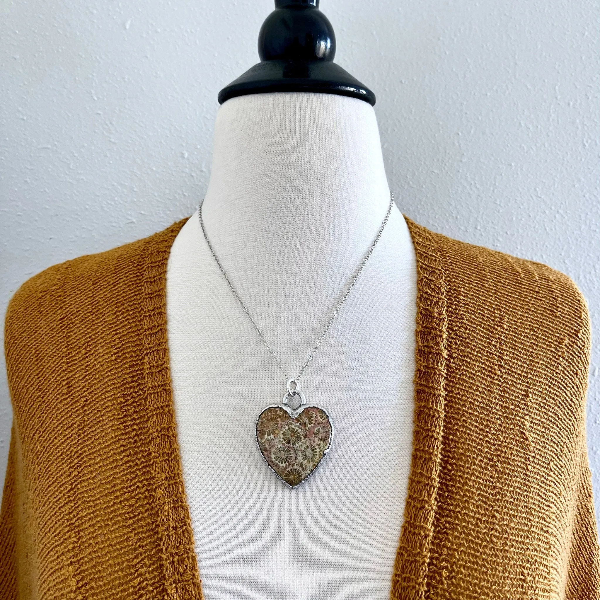 Big Fossilized Coral Heart Necklace in Fine Silver  / Foxlark Collection - One of a Kind