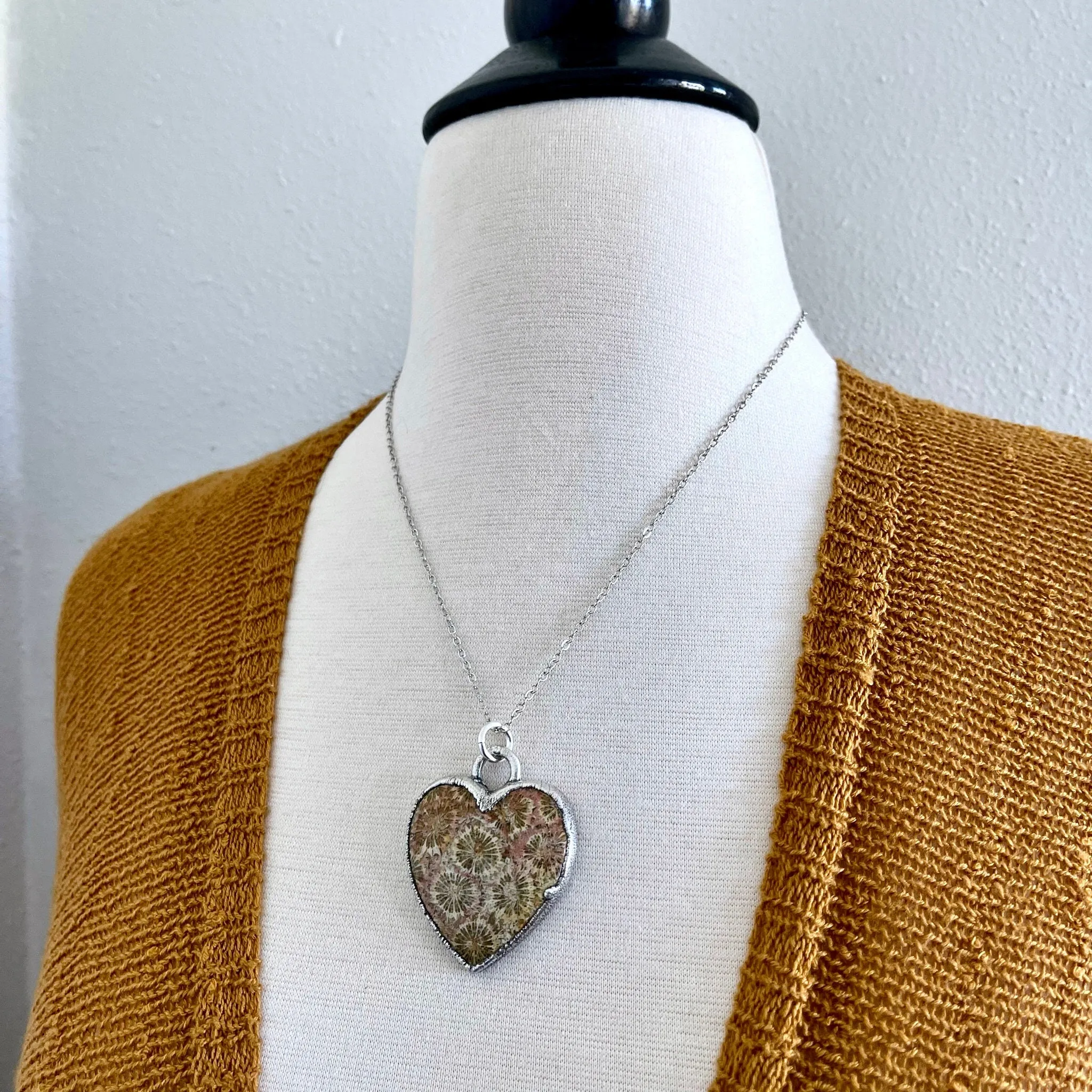 Big Fossilized Coral Heart Necklace in Fine Silver  / Foxlark Collection - One of a Kind