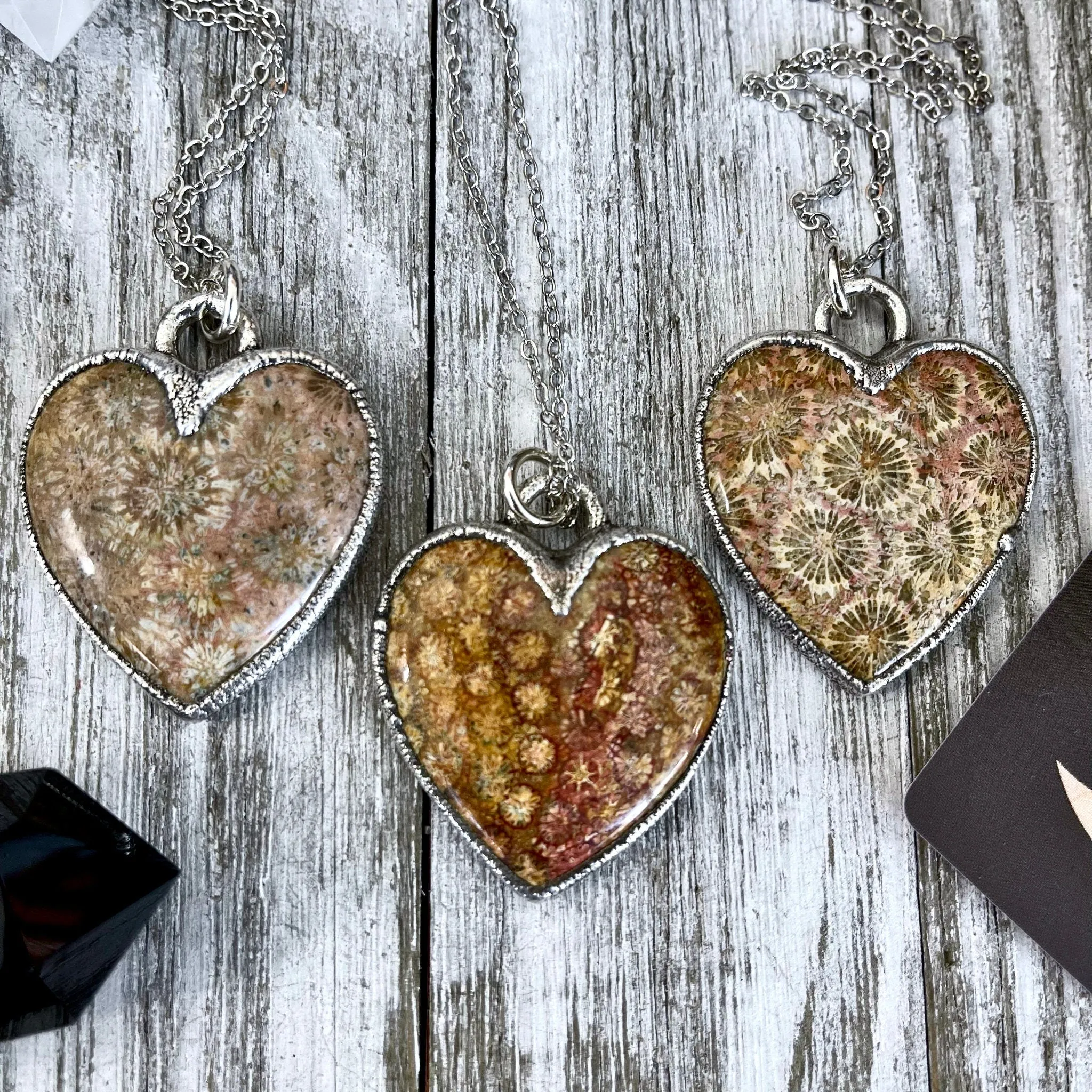 Big Fossilized Coral Heart Necklace in Fine Silver  / Foxlark Collection - One of a Kind