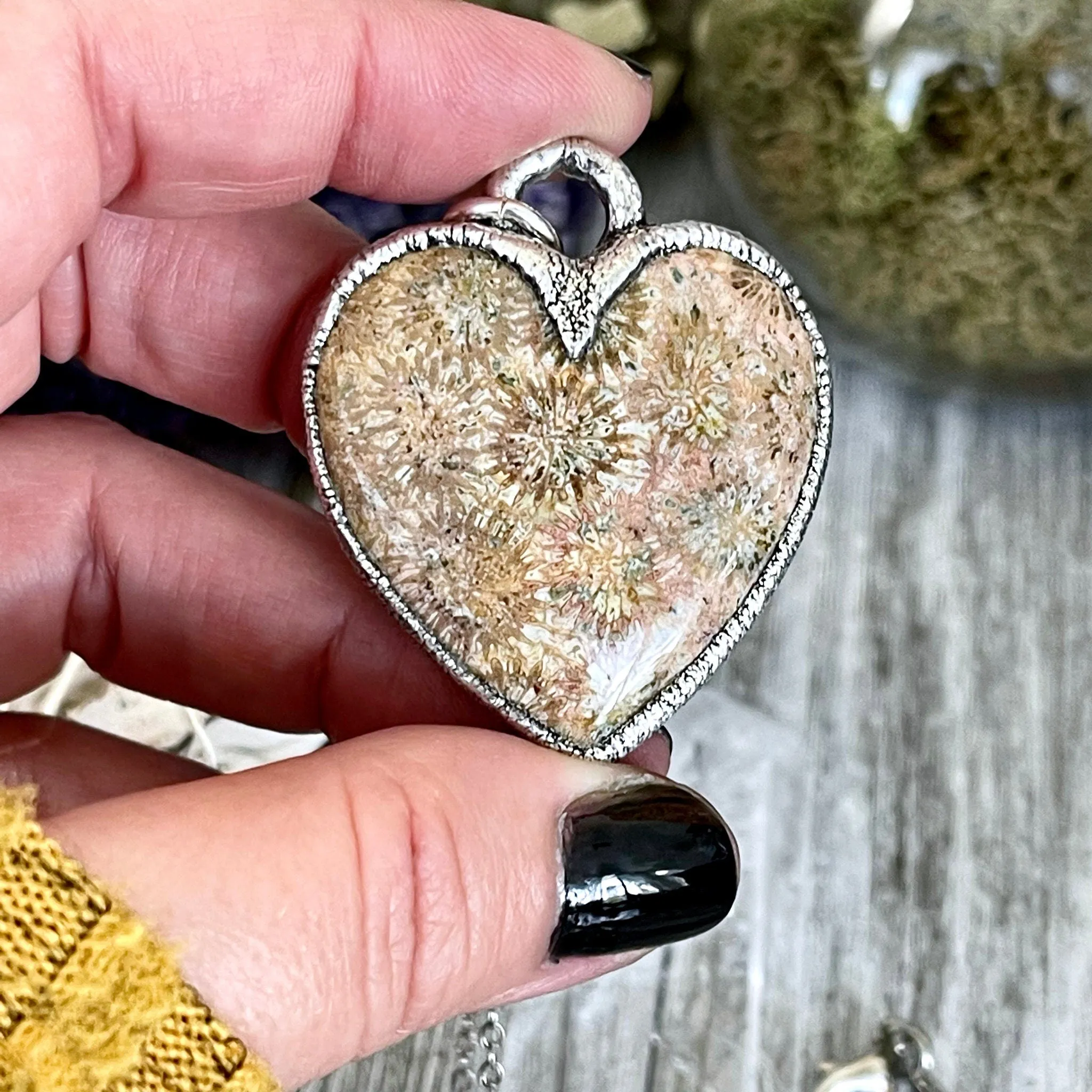 Big Fossilized Coral Heart Necklace in Fine Silver  / Foxlark Collection - One of a Kind