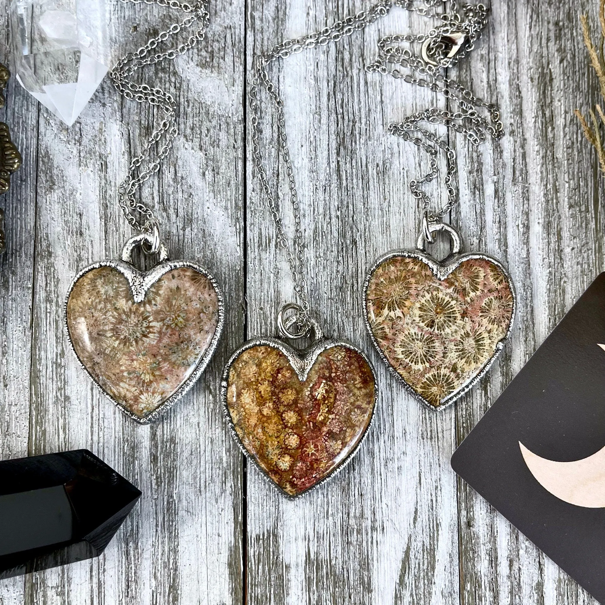 Big Fossilized Coral Heart Necklace in Fine Silver  / Foxlark Collection - One of a Kind