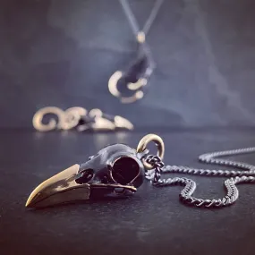 Black Raven Skull Necklace - Oxidized Bronze