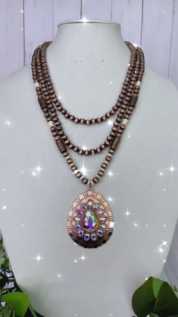 Bling Copper Concho Pendant, 3 Strand Navajo Pearl Necklace