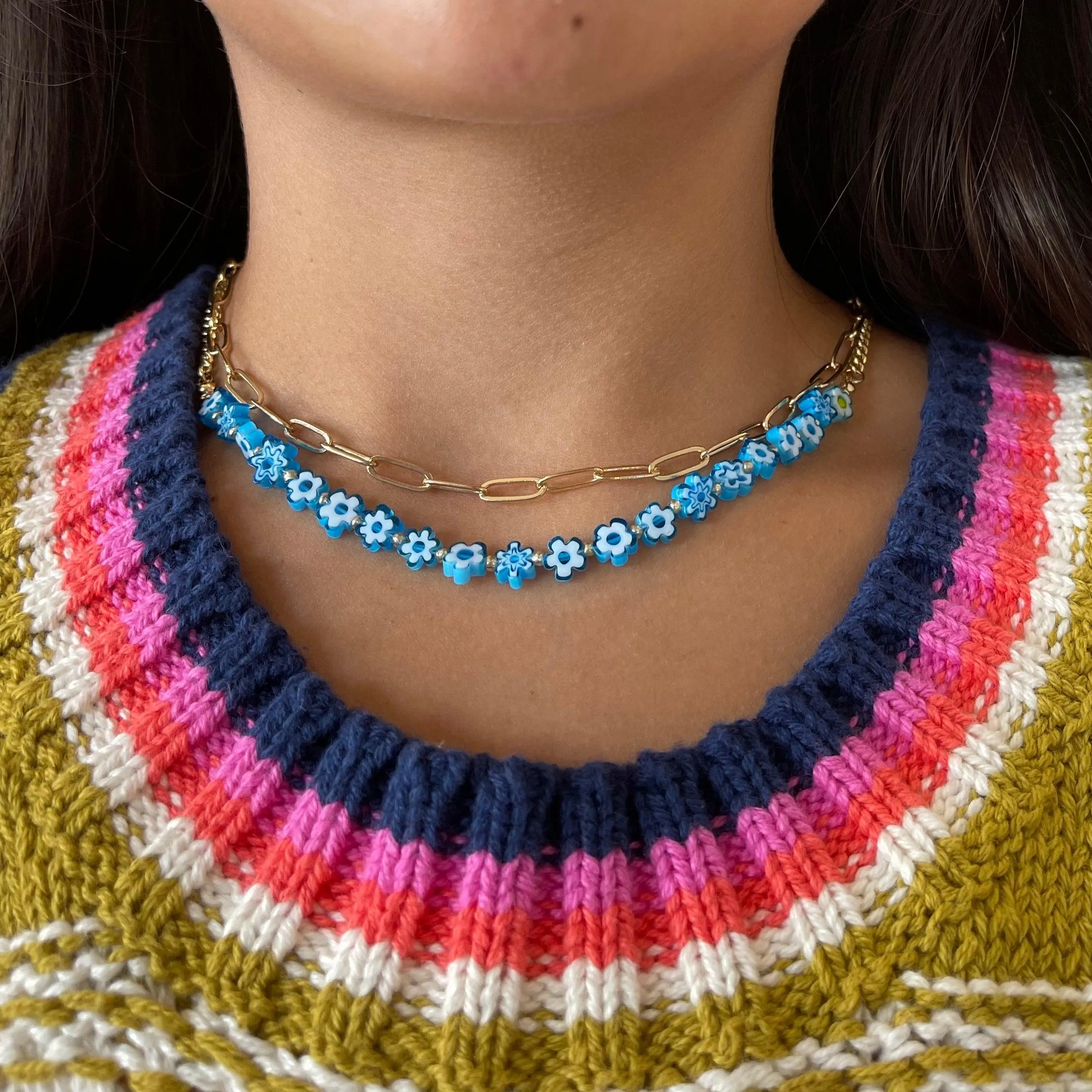 Blue Glass Flower Bead Layered Necklace