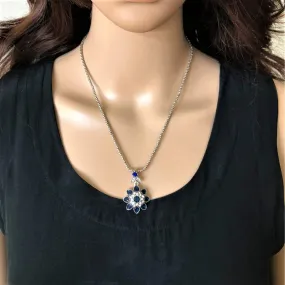 Blue Vintage Silver Flower Pendant Necklace