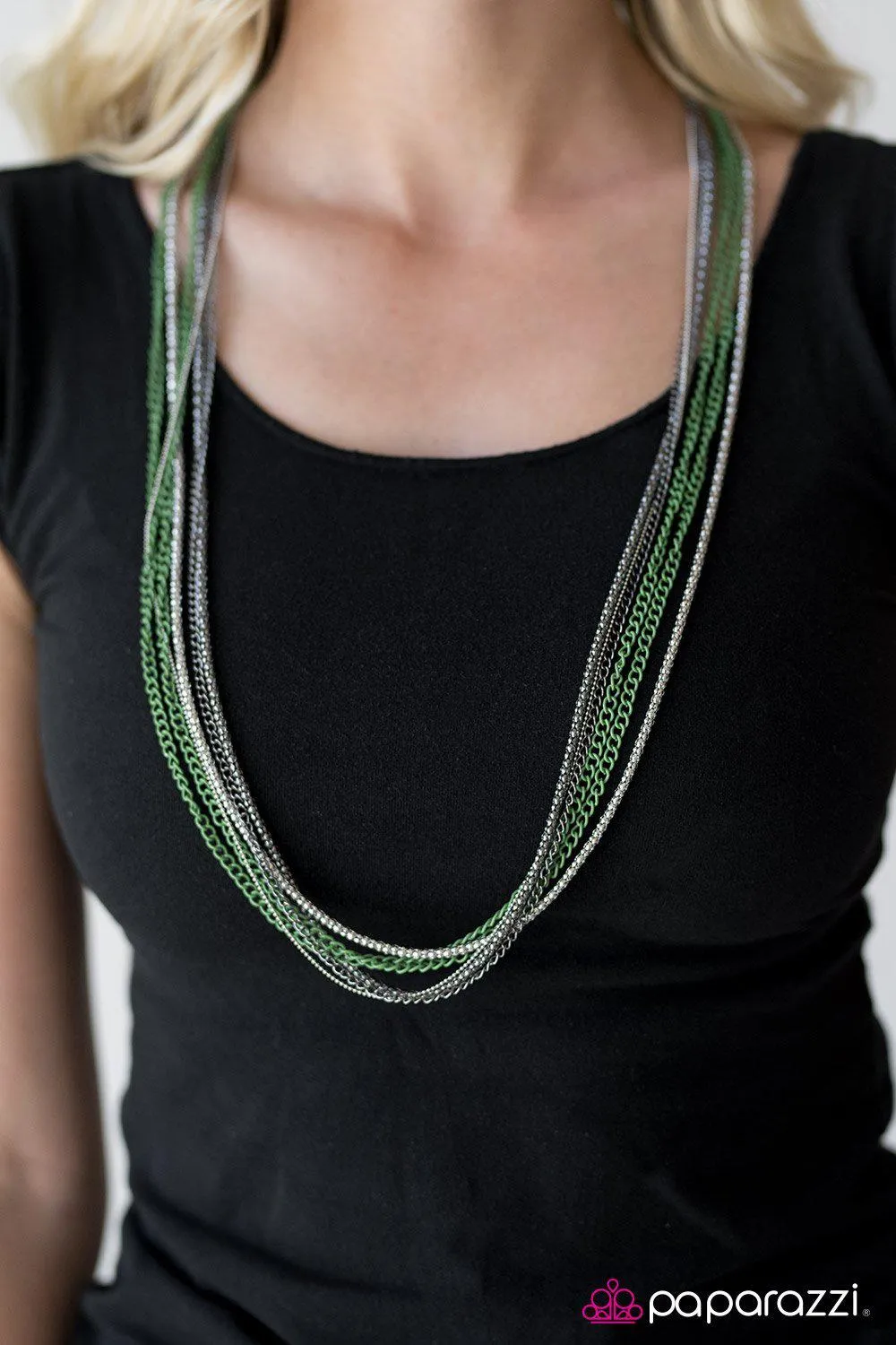 Colorful Calamity Silver, Gunmetal and Green Chain Necklace - Paparazzi Accessories