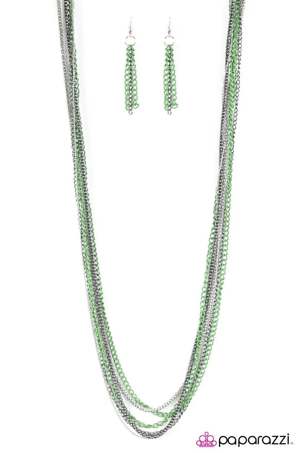 Colorful Calamity Silver, Gunmetal and Green Chain Necklace - Paparazzi Accessories