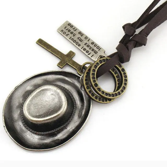 Cowboy Hat with Cross and Horseshoe Pendants Rope Necklace