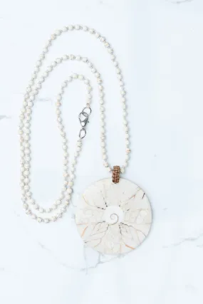 Cream Lava Beaded Fossil Shell Pendant Necklace