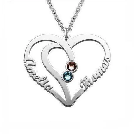 Custom 2 Birthstone Heart Name Necklace - 2 Cut Out Name Mother's Necklace