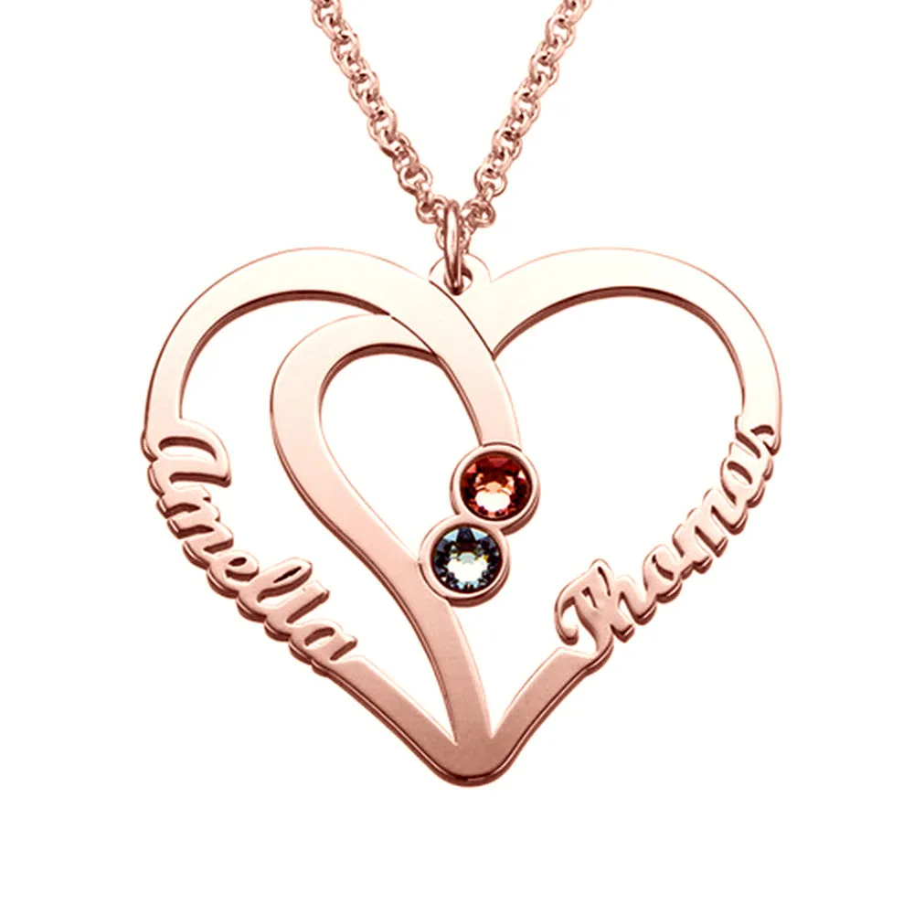 Custom 2 Birthstone Heart Name Necklace - 2 Cut Out Name Mother's Necklace