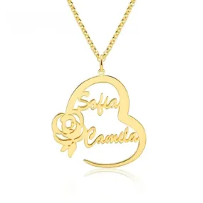 Custom Rose Flower 2 Names Necklace