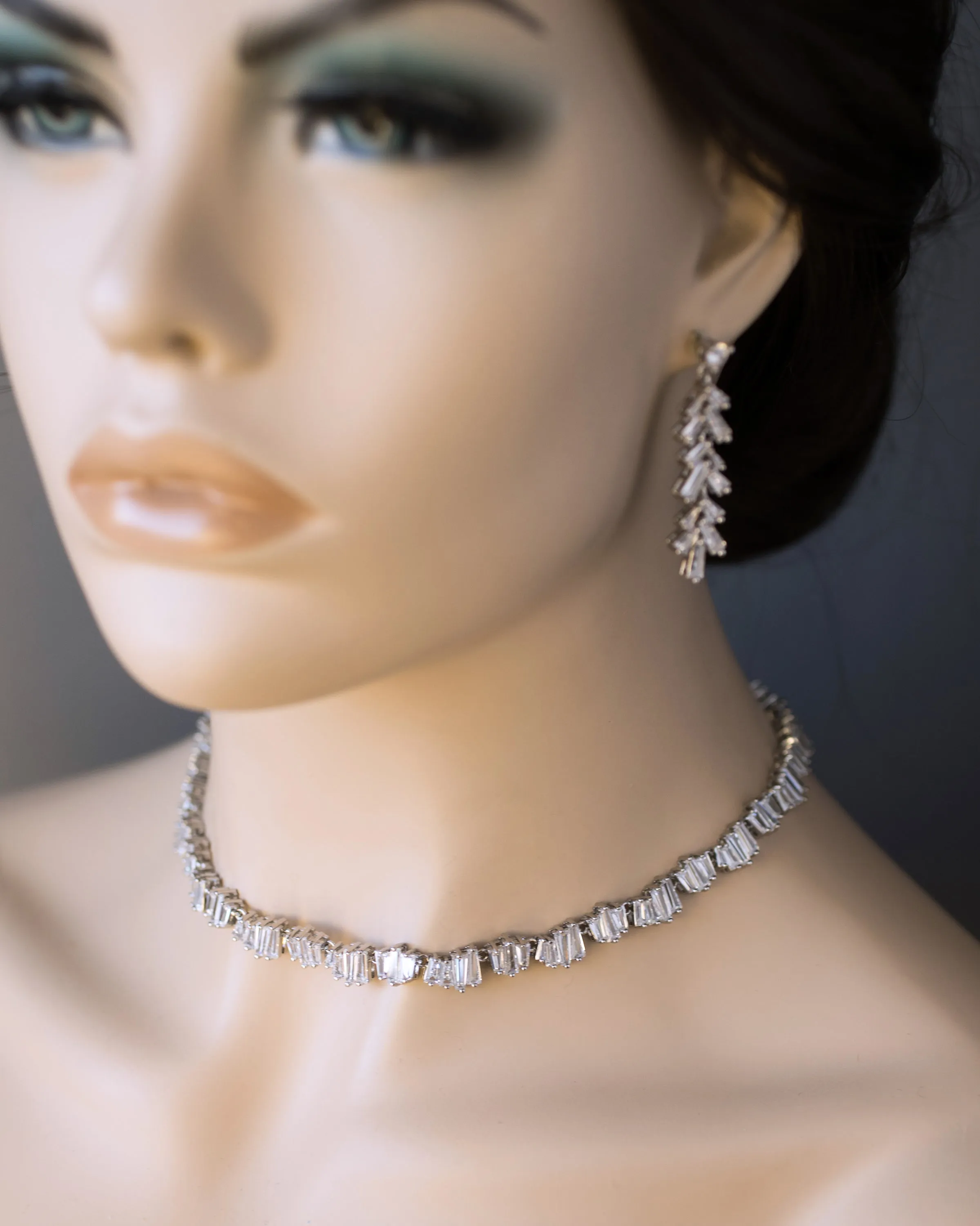 CZ Baguette Tennis Necklace and Earrings