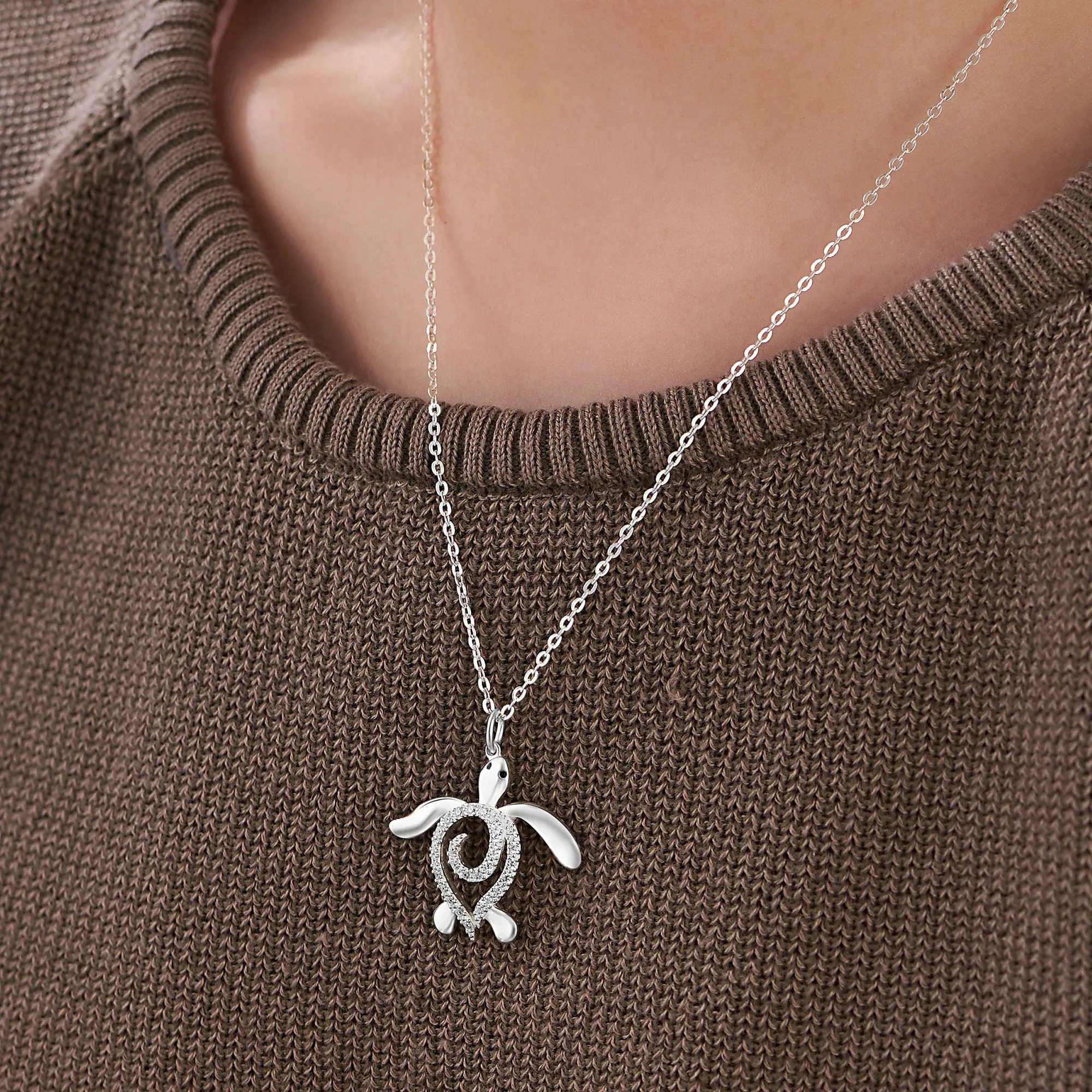 CZ Spiral Shell Turtle Sterling Silver Necklace