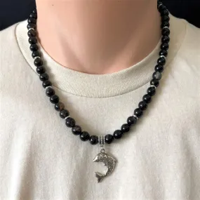 Dark Brown Agate and Silver Fish Mens Beaded Necklace