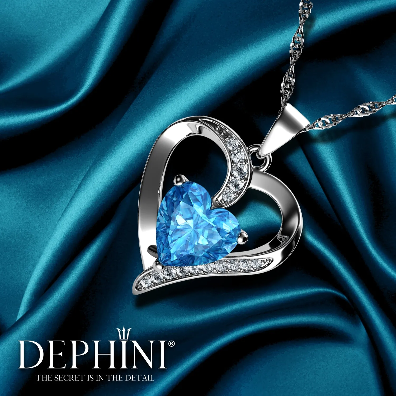 DEPHINI Engagement Necklace - 925 Sterling Silver Aqua Heart Crystal