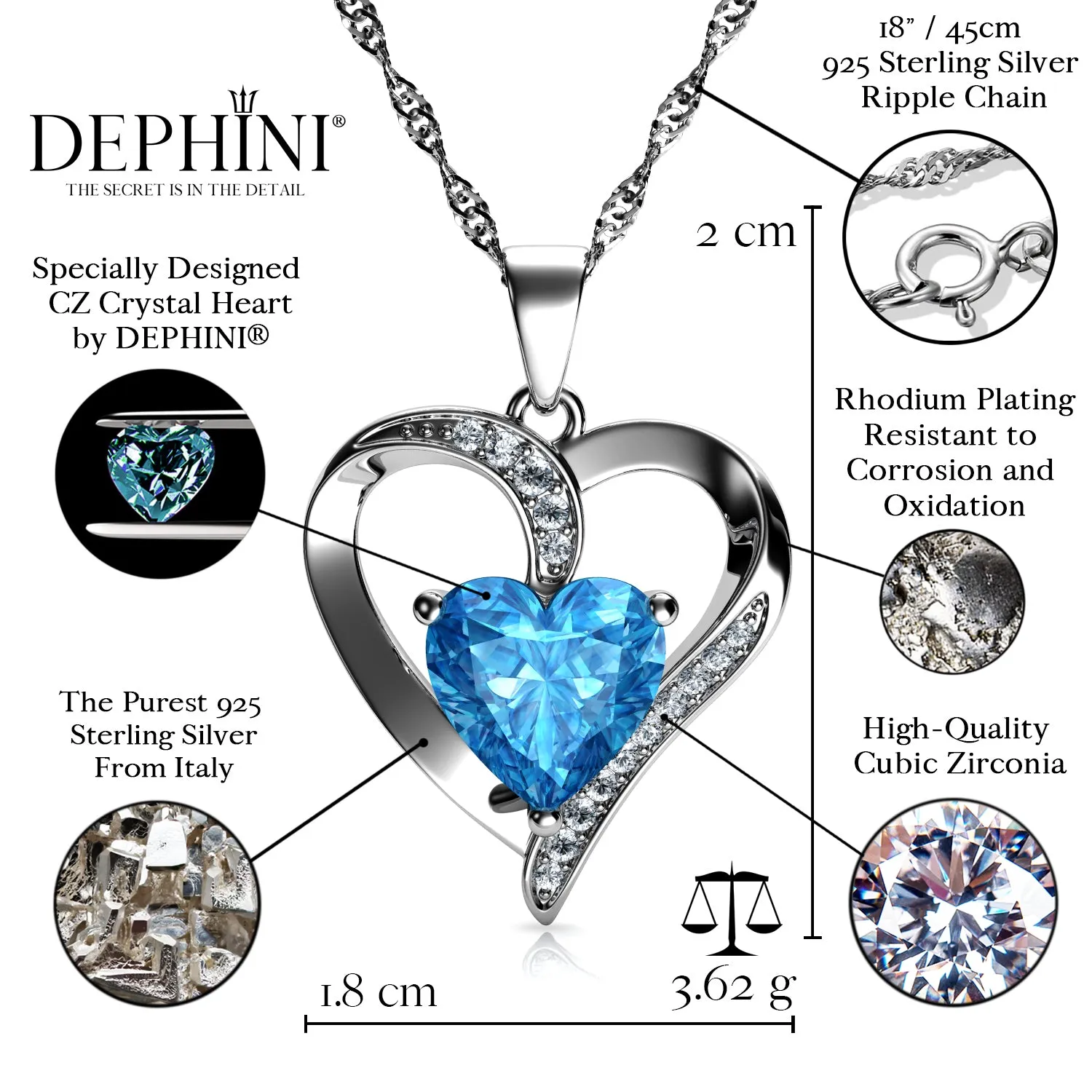 DEPHINI Engagement Necklace - 925 Sterling Silver Aqua Heart Crystal