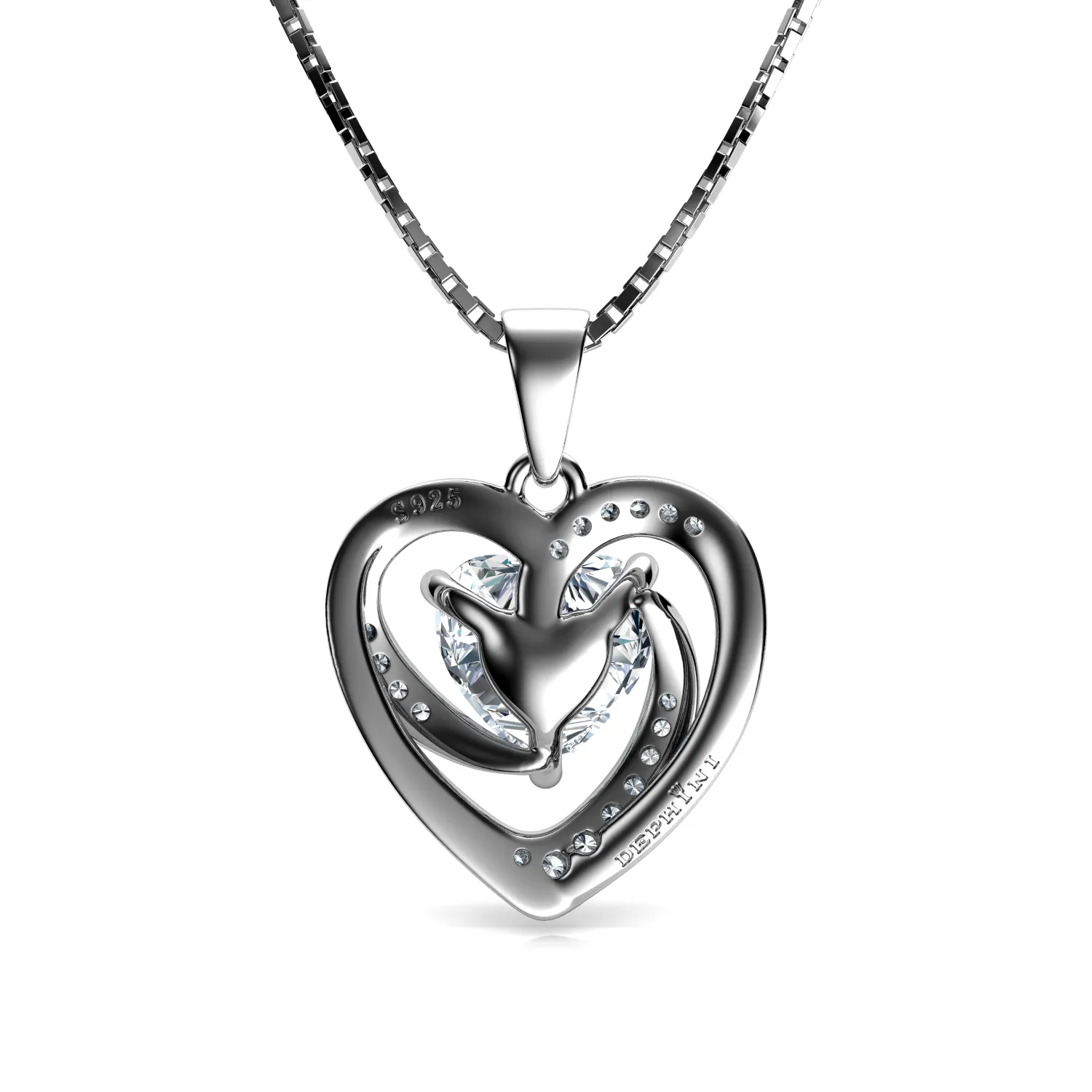 DEPHINI White Heart Necklace - 925 Sterling Silver Pendant CZ Crystal