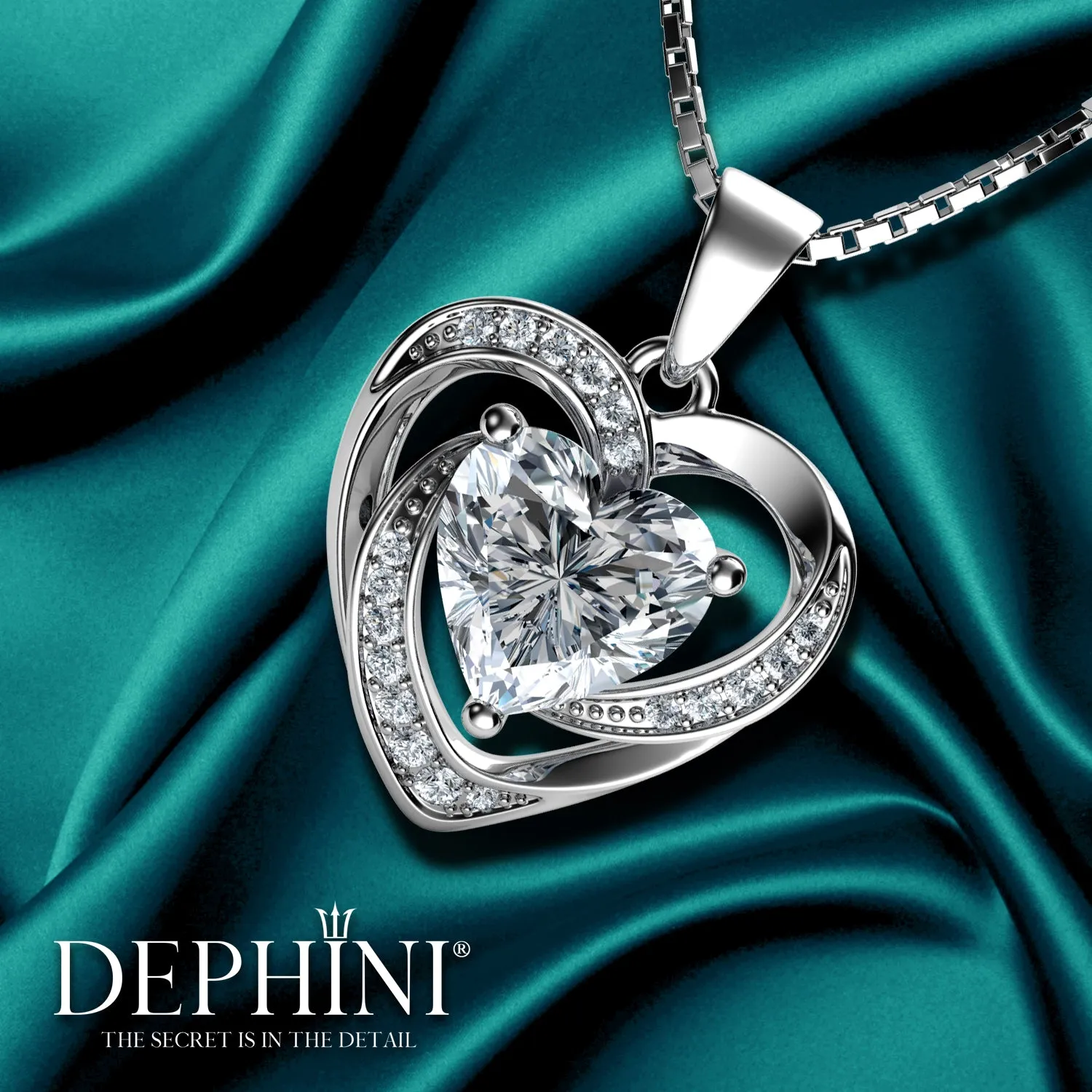 DEPHINI White Heart Necklace - 925 Sterling Silver Pendant CZ Crystal