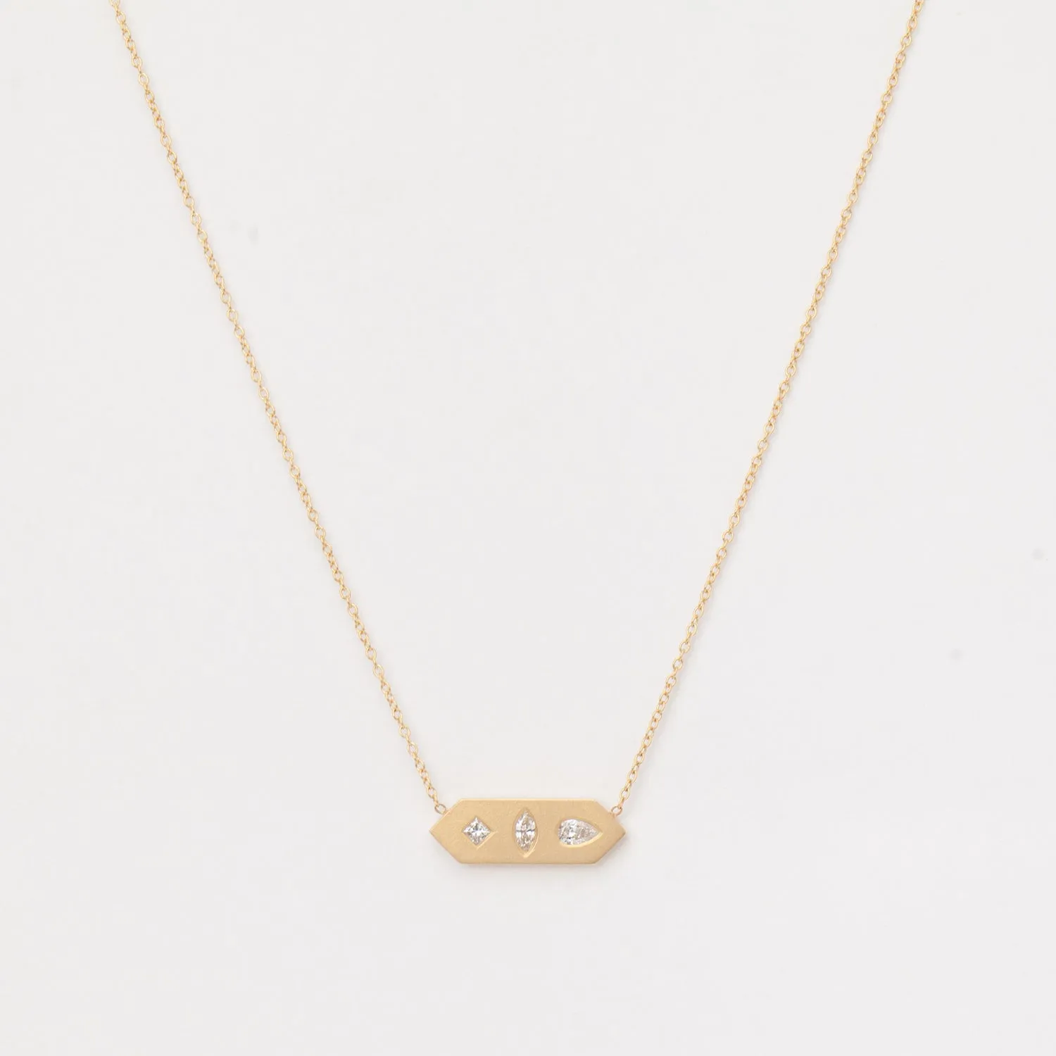 Diamond Mosaic Brushed Gold Horizontal Hexagon Tag Necklace