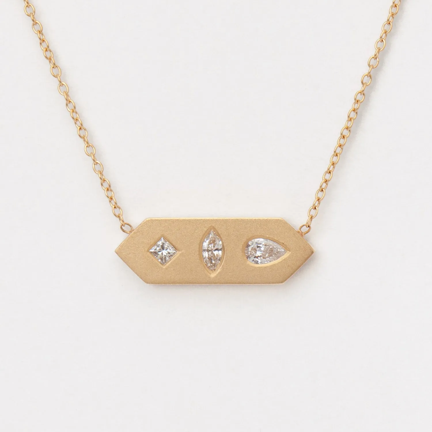 Diamond Mosaic Brushed Gold Horizontal Hexagon Tag Necklace